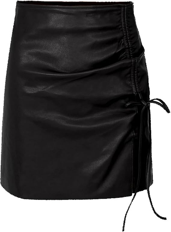Solid Color Drawstring Tie Split High-Waist A-Line Bodycon PU Leather Mini Skirt