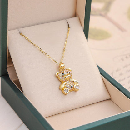 Full Rhinestone Cute Bear Pendant Necklace