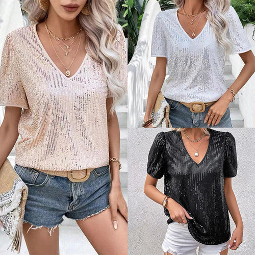 Solid Color Sequin V-Neck Loose Short-Sleeve Women's T-Shirt