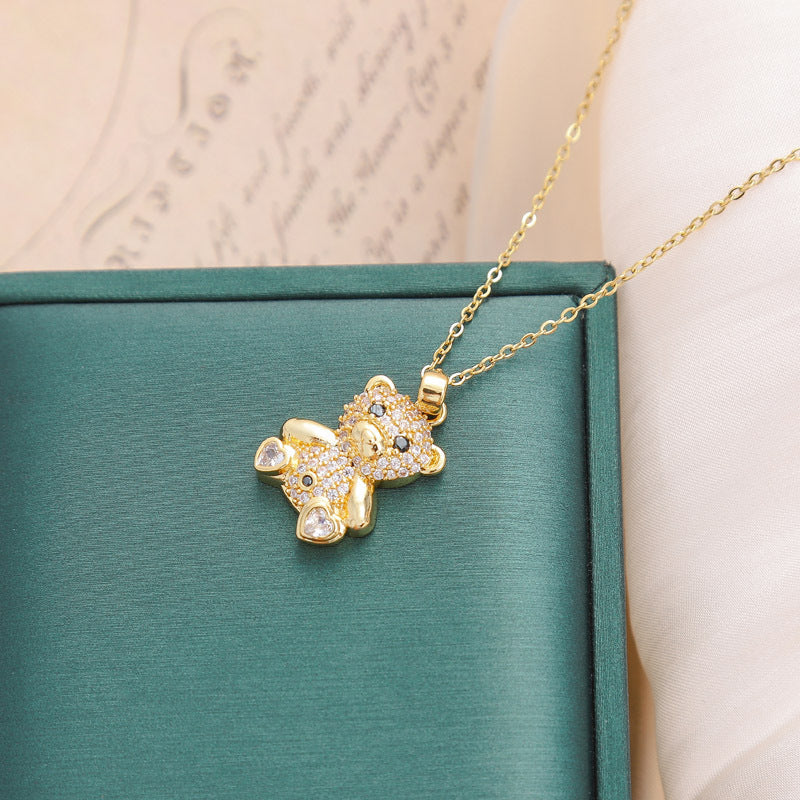 Full Rhinestone Cute Bear Pendant Necklace