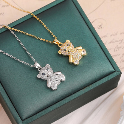 Full Rhinestone Cute Bear Pendant Necklace