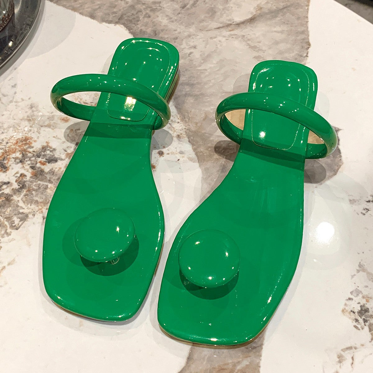 Square-Toe Toe-Loop Flat Slide Sandals