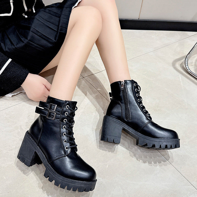 Round-Toe Mid-Heel Ankle Martin Boots with Side Zipper in Solid Color