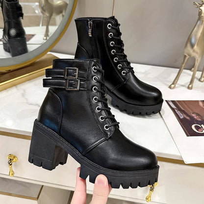Round-Toe Mid-Heel Ankle Martin Boots with Side Zipper in Solid Color