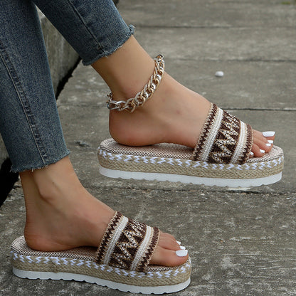 Peep-Toe Wedge Braided Jute Platform Comfortable Slip-On Sandals