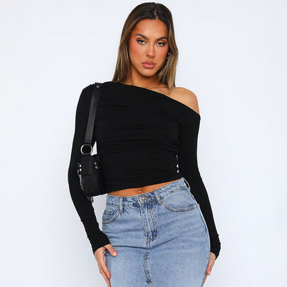 New INS Solid Color Asymmetrical Shoulder Long Sleeve Ruched Crop Top T-Shirt