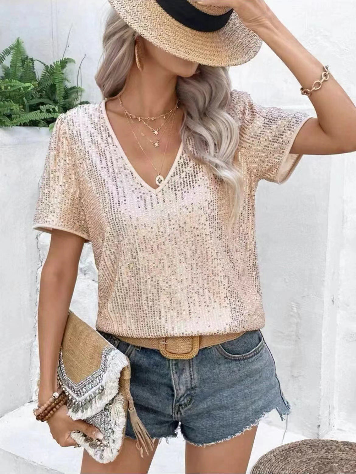 Solid Color Sequin V-Neck Loose Short-Sleeve Women's T-Shirt