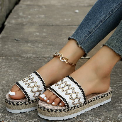 Peep-Toe Wedge Braided Jute Platform Comfortable Slip-On Sandals
